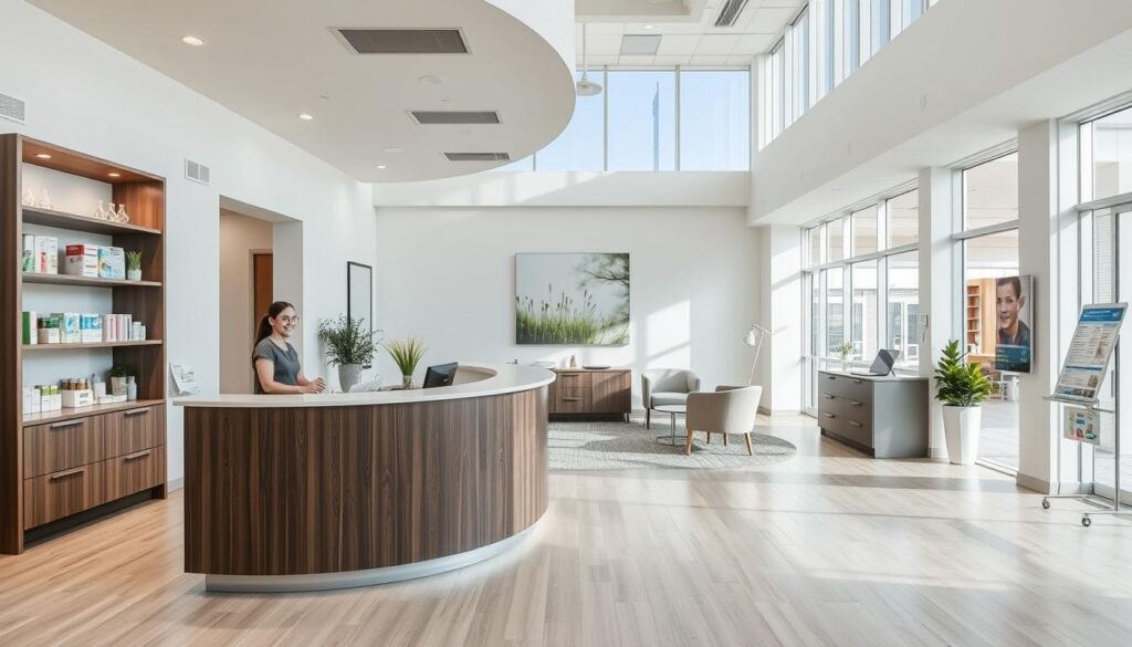 A modern, welcoming dental office reception area, filled with natural light from large windows. A clean, minimalist design with sleek furniture and decor elements that subtly convey a sense of professionalism and trustworthiness. In the foreground, a large, curved reception desk with a friendly staff member greeting patients. Behind the desk, shelves displaying dental health and hygiene products, gently hinting at the clinic's focus on preventative care. The middle ground features comfortable seating and a calming, natural-themed artwork on the wall, creating a relaxing atmosphere. The background showcases an open, airy layout with strategic placement of informative posters and brochures, positioning the reception as an educational, marketing-driven space.