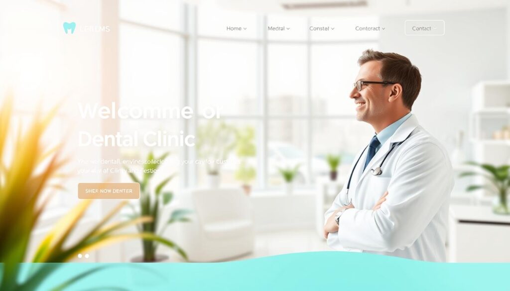 A modern, welcoming website layout for a dental clinic, featuring a clean, minimalist design with a soothing color palette. The homepage showcases a hero image of a bright, airy dental office interior, with natural lighting streaming through large windows. In the foreground, a professional dentist in a white coat consults with a patient, conveying a sense of trust and care. The middle ground features a sleek, user-friendly navigation menu and prominent call-to-action buttons. The background showcases serene, natural elements like plants and a soft, blurred cityscape, creating a calming atmosphere. The overall design should reflect the professionalism, attention to detail, and patient-centric approach of the dental clinic.