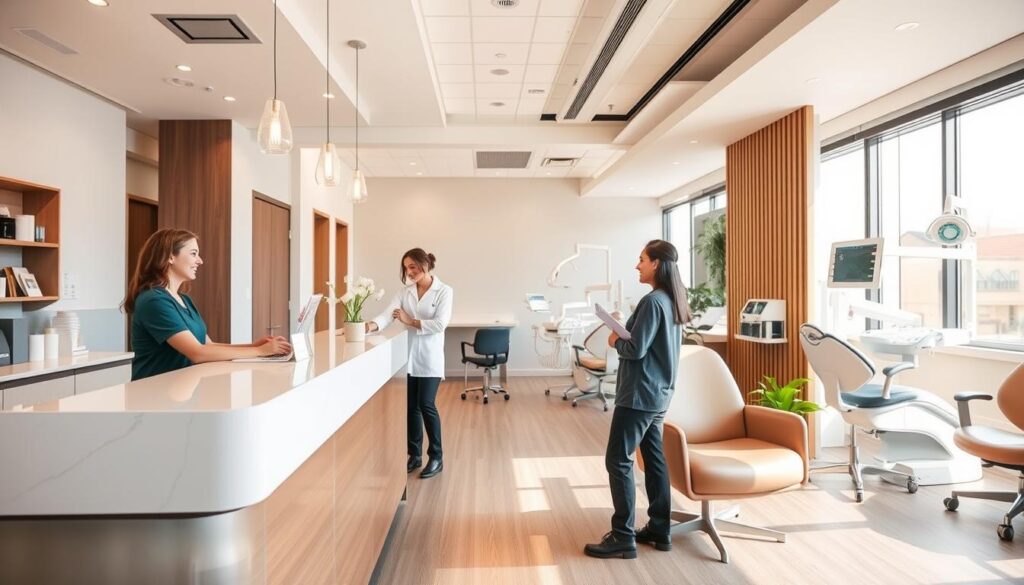 A modern, well-appointed dental clinic interior with a warm, inviting atmosphere. The foreground features a receptionist's desk and friendly staff interacting with patients, conveying a sense of professionalism and attentive care. The middle ground showcases a comfortable waiting area with tasteful decor and ergonomic seating, creating a relaxing environment. The background highlights state-of-the-art dental equipment and treatment rooms, suggesting advanced medical technology and expertise. Soft, natural lighting illuminates the space, emanating a sense of cleanliness and well-being. The overall scene projects an image of a reputable, patient-centric dental practice committed to delivering exceptional service and building strong relationships with its clientele.
