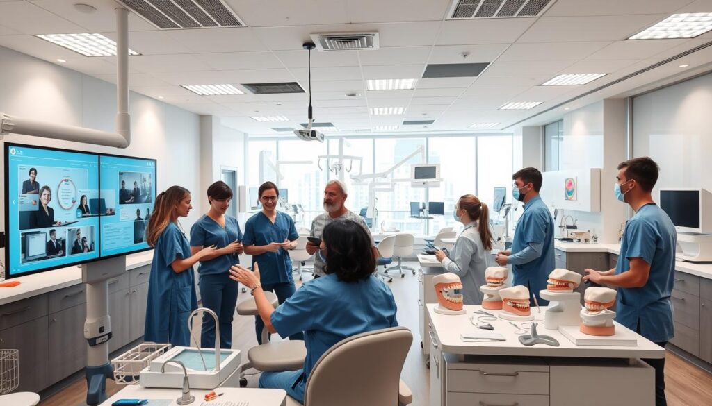 A modern, well-appointed dental office, with a team of dentists and assistants engaged in interactive teaching methods. The foreground features a group of students clustered around a large touchscreen display, gesturing animatedly as they discuss dental management principles. In the middle ground, dental models and examination tools are arranged on clean, organized workstations, while the background showcases a panoramic view of the clinic, filled with natural light and state-of-the-art equipment. The atmosphere is one of collaborative learning, technological innovation, and a focus on efficient, patient-centered dental practice management.