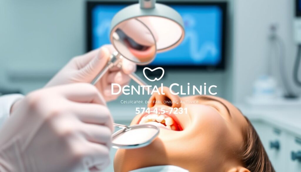A modern, well-designed dental clinic advertisement showcasing the professional services and expertise of the practice. The foreground depicts a close-up of a dentist's hand examining a patient's teeth with a dental mirror, conveying a sense of care and attention to detail. The middle ground features the clinic's logo, name, and contact information prominently displayed against a sleek, minimalist background. The background subtly hints at the clinic's state-of-the-art equipment and technology, with clean lines and a cool, soothing color palette that evokes a sense of trust and reliability. The overall mood is one of clinical professionalism, medical authority, and patient-centric service, reflecting the high-quality dental care offered at the clinic.