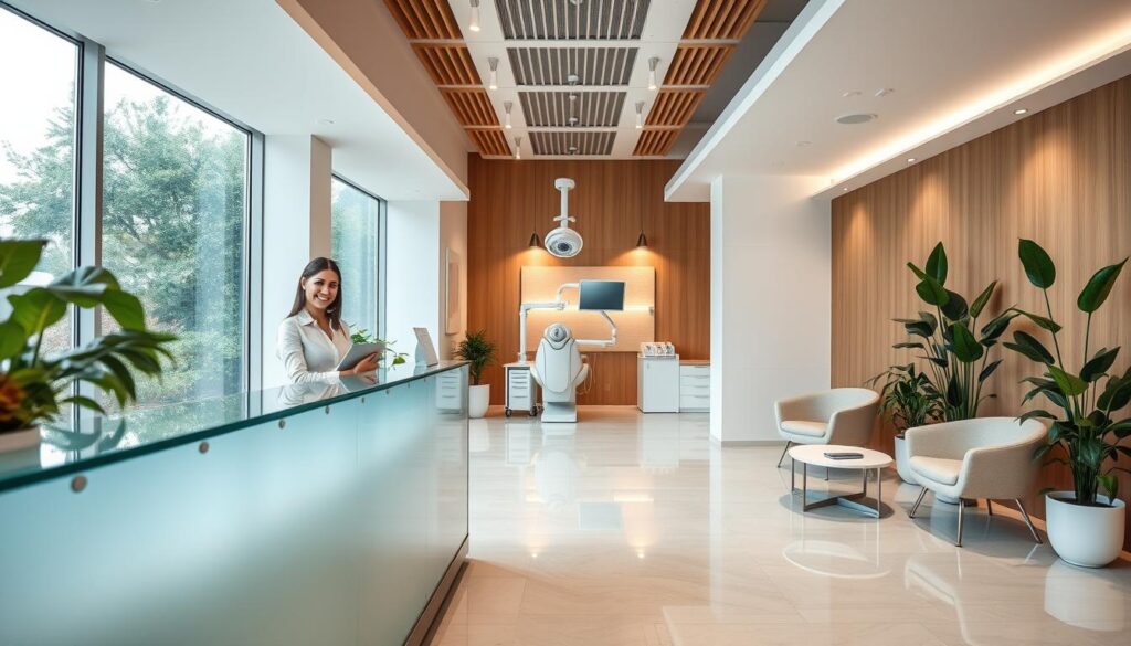 A modern, well-designed dental clinic featuring a warm, inviting atmosphere. In the foreground, a sleek, glass-fronted reception desk with a friendly receptionist to greet patients. The middle ground showcases state-of-the-art dental equipment and a pristine, ergonomic treatment room. In the background, a tranquil waiting area with comfortable seating and lush potted plants, creating a calming ambiance. Soft, diffused lighting illuminates the space, and large windows allow natural light to flow in, giving the clinic an airy, spacious feel. The overall impression is one of efficiency, professionalism, and attention to patient comfort and well-being.