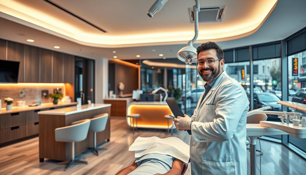 A modern, well-designed dental clinic set against a backdrop of a vibrant urban landscape. The interior features sleek, contemporary furnishings, warm lighting, and state-of-the-art dental equipment. In the foreground, a patient is being attended to by a friendly, attentive dentist, conveying a sense of professionalism and high-quality care. The middle ground showcases the clinic's reception area, with a welcoming receptionist and comfortable seating for patients. The background depicts the bustling city streets outside, hinting at the clinic's convenient location and accessibility. The overall scene exudes an atmosphere of success, efficiency, and patient-centric focus.