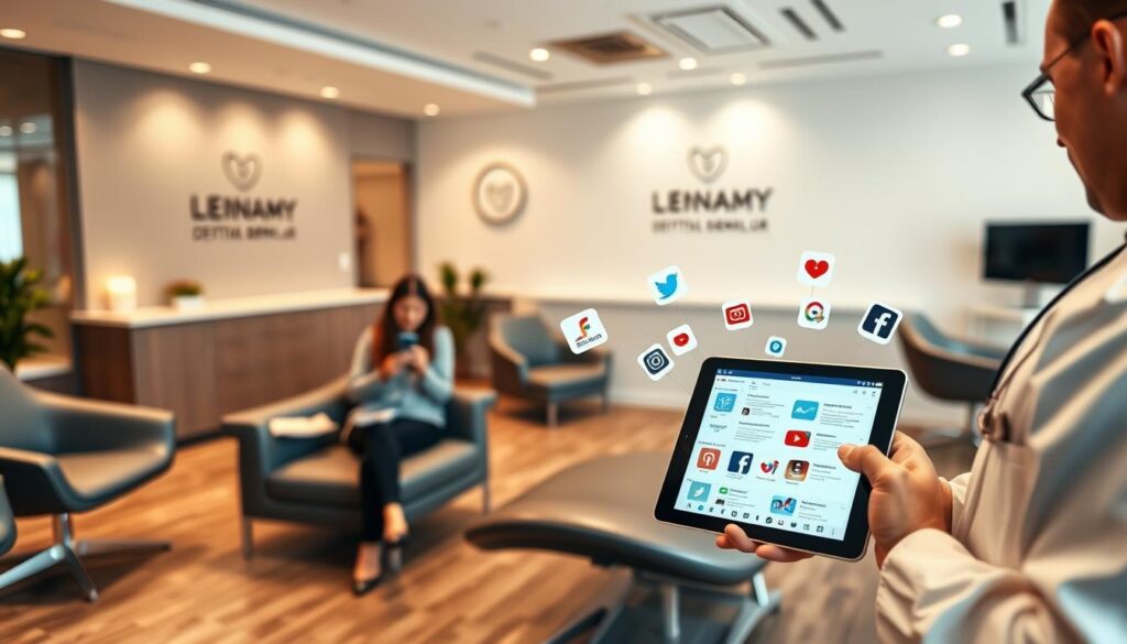 A modern, well-designed dental clinic with sleek furniture and an inviting atmosphere. In the foreground, a doctor uses a tablet to showcase various social media platforms, highlighting their importance for effective digital marketing. In the middle ground, patients engage with the clinic's social media content on their smartphones, reflecting the growing importance of online engagement. The background features a clean, minimalist aesthetic with subtle branding elements, conveying a sense of professionalism and trust. Warm, natural lighting casts a welcoming glow throughout the scene, emphasizing the clinic's commitment to providing a positive patient experience. The image captures the essence of leveraging social media to connect with potential and existing patients for a successful dental practice.