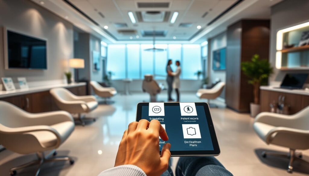A modern, well-designed dental clinic with sleek, minimalist furniture, soft lighting, and a calming atmosphere. In the foreground, a patient's hands resting on a tablet device, showcasing various dental practice management software features like scheduling, patient records, and billing. In the middle ground, a dentist and assistant consulting on a patient's treatment plan, facilitated by the software's capabilities. In the background, a panoramic view of the clinic's interior, conveying a sense of professionalism and efficiency enabled by the dental practice management system.