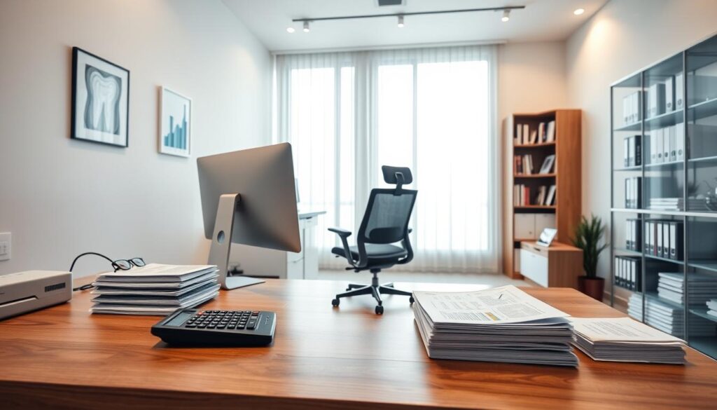 A modern, well-designed dental office with a focus on financial management. In the foreground, a polished oak desk with a desktop computer, a calculator, and stacks of organized financial documents. The middle ground features a sleek, ergonomic desk chair and a bookshelf filled with accounting and business management books. The background showcases a large window with natural light flooding the space, illuminating the room's clean lines and minimalist decor. The overall atmosphere exudes professionalism, efficiency, and a keen attention to financial details, perfectly capturing the essence of "Controle Financeiro Eficiente para Consultórios".