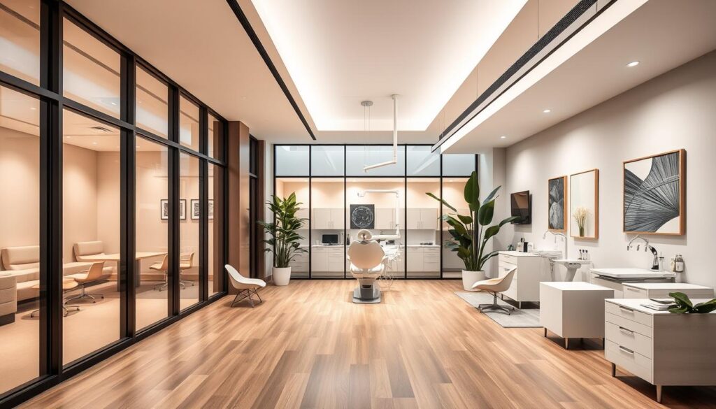 A modern, well-designed professional dental clinic with a sleek and minimalist aesthetic. The exterior features large windows and a clean, neutral-toned facade, conveying a sense of professionalism and sophistication. The interior is bright and airy, with high ceilings, polished hardwood floors, and modern dental equipment neatly arranged. The waiting area has comfortable seating and calming decor, creating a welcoming atmosphere for patients. Soft, diffused lighting illuminates the space, while large plants and contemporary art pieces add a touch of warmth. The overall impression is one of a state-of-the-art, trustworthy dental practice dedicated to patient care and comfort.