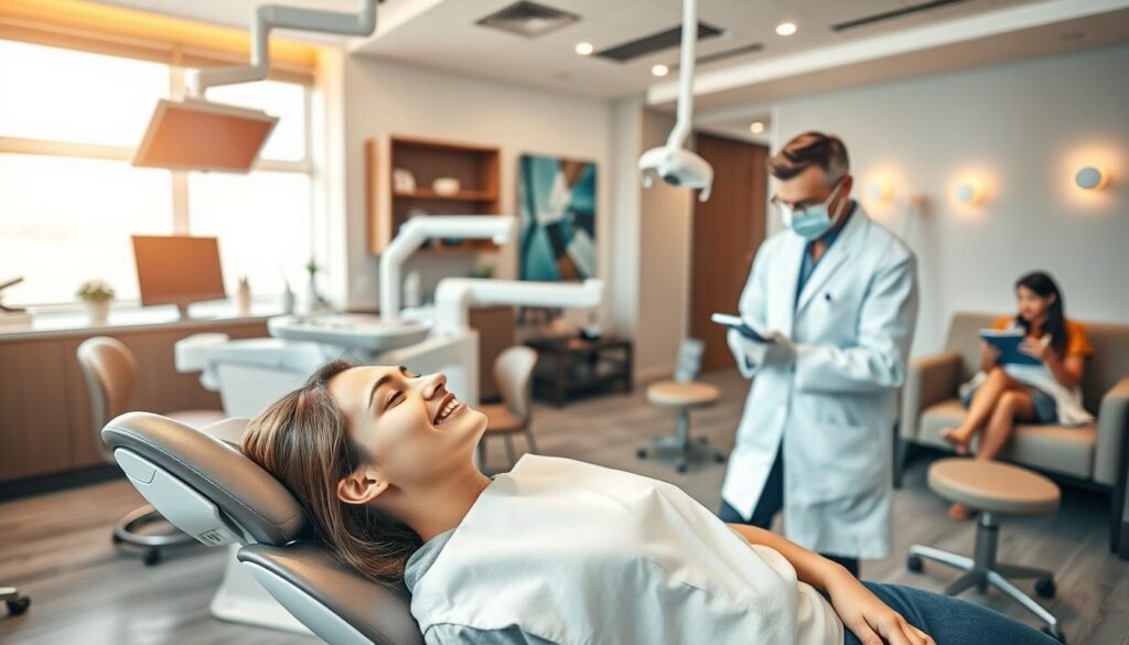 A modern, well-equipped dental clinic, bathed in warm, natural lighting. In the foreground, a patient reclining comfortably in a state-of-the-art dental chair, their face calm and serene as a dentist in a crisp white coat gently examines their teeth. The middle ground showcases the clinic's attention to detail, with sleek, ergonomic dental equipment and soothing, earthy-toned decor. The background reveals a tranquil waiting area, where other patients sit patiently, reading magazines or scrolling on their phones, creating a sense of professionalism and care. The overall atmosphere conveys a welcoming, spa-like experience, where the patient's comfort and well-being are the top priorities.