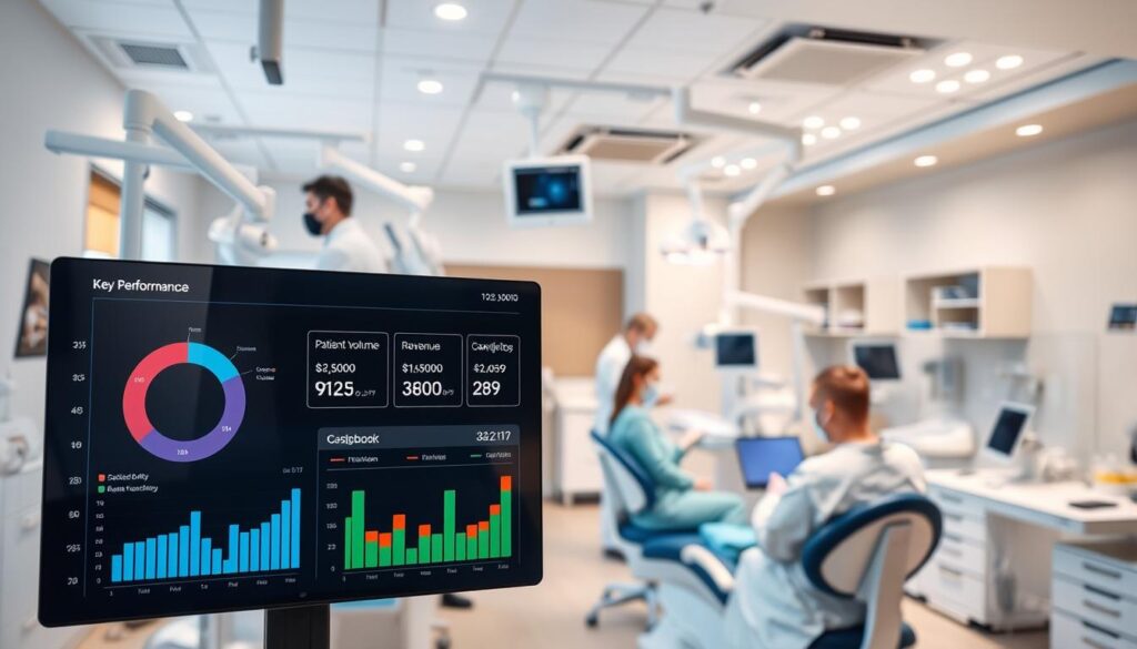 A modern, well-equipped dental clinic filled with state-of-the-art equipment and technology. The foreground features a sleek, digital dashboard displaying key performance indicators such as patient volume, revenue, and treatment completion rates. In the middle ground, dentists and staff are engaged in consultations, examinations, and procedures, providing high-quality care. The background showcases a clean, bright, and welcoming interior design with natural lighting, soothing colors, and calming décor. The overall atmosphere conveys a sense of professionalism, efficiency, and patient-centric focus, reflecting the successful management and performance of the clinic.