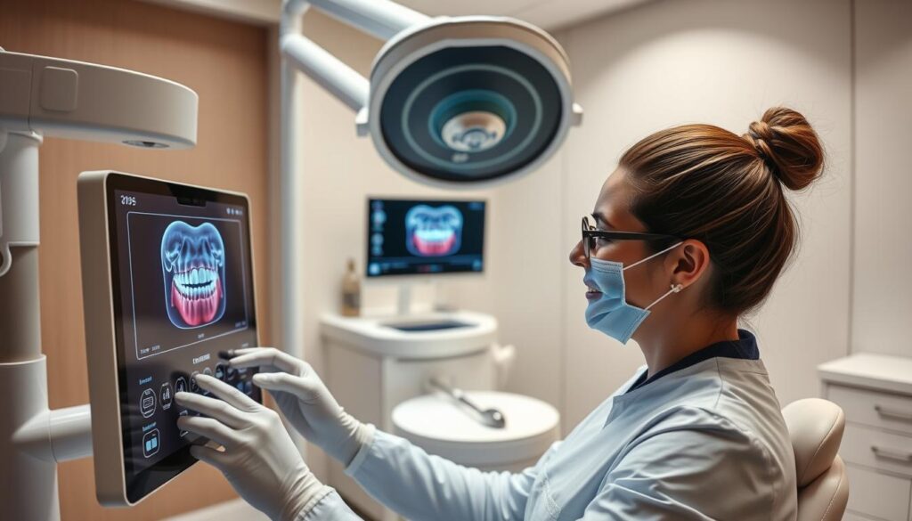 A modern, well-equipped dental clinic in 2025, featuring state-of-the-art technology. In the foreground, a dentist uses a high-resolution digital scanner to capture precise 3D images of a patient's teeth. In the middle ground, a sleek, touch-screen control panel allows the dental team to seamlessly manage patient records, treatment plans, and diagnostic tools. The background showcases a minimalist, ergonomic design with clean lines, soft lighting, and calming, earthy tones that create a serene, spa-like atmosphere to put patients at ease. The scene conveys a sense of efficiency, innovation, and patient-centric care that exemplifies the future of dentistry.