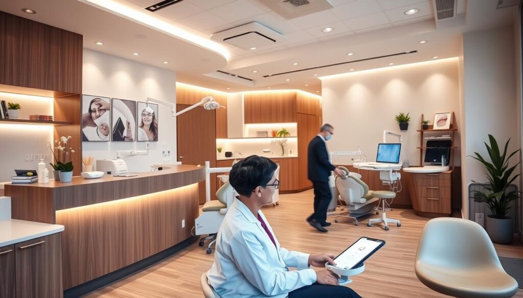 A modern, well-equipped dental clinic interior, featuring a welcoming reception area with a sleek, minimalist aesthetic. In the foreground, a professional dentist engaging with a patient, demonstrating care and attentiveness. The middle ground showcases state-of-the-art dental equipment and technology, conveying the clinic's commitment to providing high-quality, personalized care. The background features carefully curated decor and lighting, creating a calming, comfortable atmosphere that puts patients at ease. The overall scene evokes a sense of trust, reliability, and a patient-centric approach to dental healthcare.