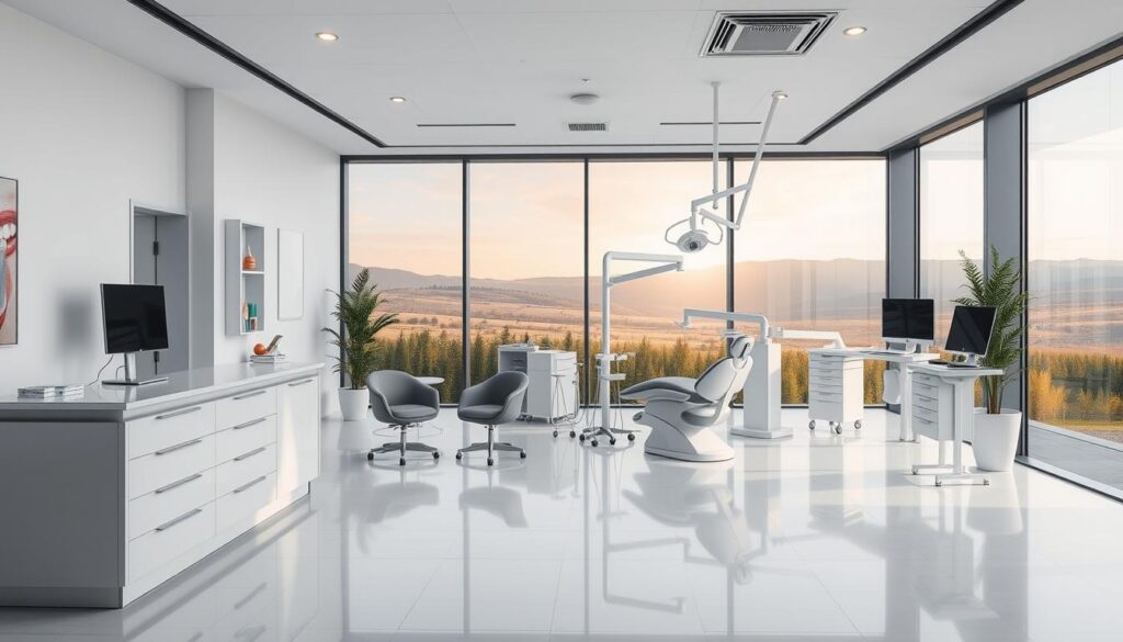 A modern, well-equipped dental clinic interior with a sleek, minimalist design. In the foreground, a stylish reception desk and waiting area with comfortable seating. In the middle ground, an open-concept treatment room filled with state-of-the-art dental equipment. The background features a serene, nature-inspired landscape viewed through large, floor-to-ceiling windows, bathing the space in warm, natural light. The overall atmosphere exudes professionalism, comfort, and a focus on patient-centric digital marketing strategies.