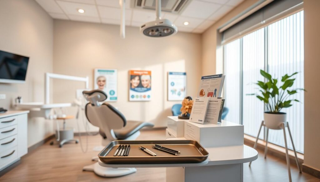 A modern, well-equipped dental clinic interior with a warm, inviting atmosphere. In the foreground, a dentist's chair and tools neatly arranged on a tray, conveying the clinic's professionalism and attention to detail. The middle ground features informative dental health posters and informational brochures displayed on a sleek, minimalist table, highlighting the clinic's commitment to patient education. The background showcases a large window with natural light flooding the space, creating a calming and relaxing ambiance. The overall scene reflects a dental practice focused on providing valuable content and resources to its patients.