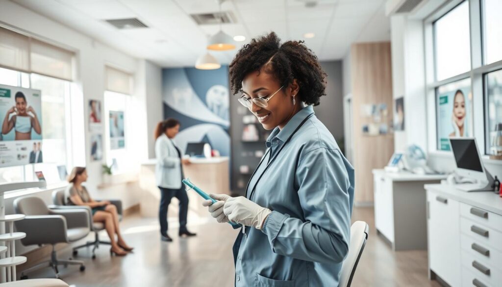 A modern, well-equipped dental clinic interior with a warm, welcoming atmosphere. In the foreground, a dental hygienist is demonstrating the use of dental tools and instruments to a patient, explaining the importance of proper oral hygiene. In the middle ground, a receptionist greets a patient at the front desk, while other patients sit comfortably in the waiting area. The background features informative displays and visuals about various dental procedures and services offered by the clinic, creating an educational and informative environment. Bright, natural lighting filters in through large windows, casting a calming, professional glow over the entire scene.