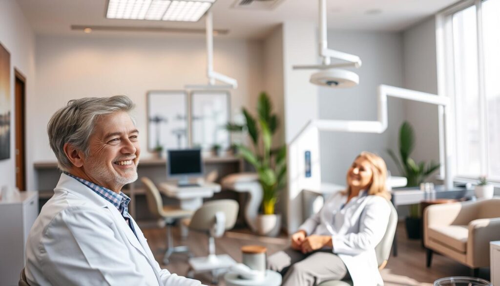 A modern, well-equipped dental clinic interior with a warm, welcoming atmosphere. The foreground shows a friendly dentist consulting with a patient in a comfortable examination chair, their faces conveying a sense of trust and care. The middle ground features sleek dental equipment, including an overhead light and a panoramic x-ray machine. The background showcases a spacious, softly-lit waiting area with plush seating and potted plants, creating a relaxing ambiance. The overall lighting is natural and soft, highlighting the clinic's attention to detail and patient-centric design.