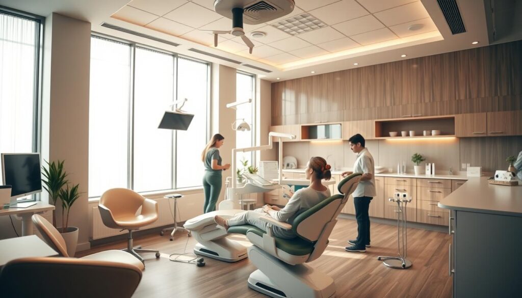 A modern, well-equipped dental clinic interior with a welcoming atmosphere. In the foreground, a patient sits comfortably in a state-of-the-art dental chair, surrounded by attentive staff. The middle ground features advanced medical equipment and sleek, ergonomic furniture, creating a sense of professionalism and care. The background showcases large windows allowing natural light to flood the space, giving it an airy, relaxing ambiance. The lighting is warm and soft, enhancing the overall soothing and reassuring mood. The color palette is a harmonious blend of calming hues, conveying a sense of trust and comfort. The entire scene radiates a patient-centric experience, where the focus is on the individual's well-being and satisfaction.