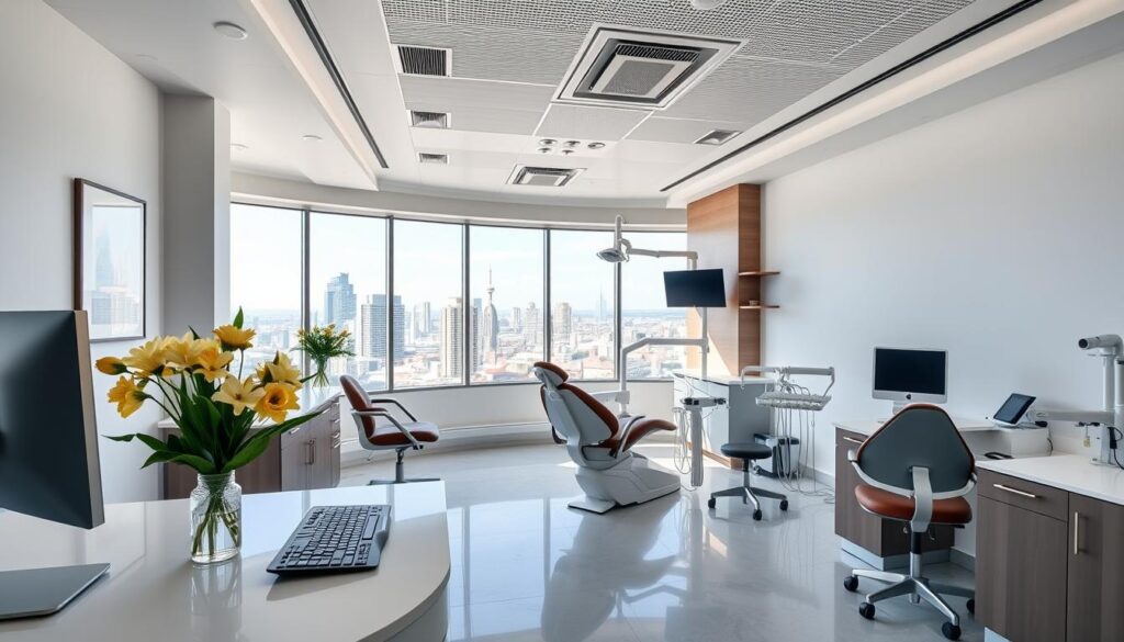A modern, well-equipped dental clinic interior with natural lighting and clean, minimalist design. In the foreground, a receptionist's desk with a monitor, keyboard, and a vase of fresh flowers. In the middle ground, comfortable patient chairs and a dentist's workstation with advanced dental equipment. The background features a panoramic window overlooking a vibrant urban landscape, conveying a sense of professionalism, efficiency, and patient-centric care. The overall atmosphere is one of calm, reassurance, and a commitment to delivering exceptional dental services.