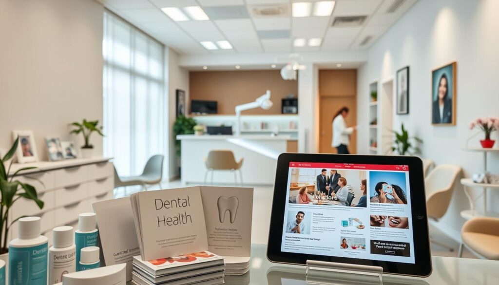 A modern, well-equipped dental clinic interior with natural lighting, clean white walls, and sleek, minimalist furnishings. In the foreground, a display of dental care products, educational brochures, and a tablet displaying informative dental health content. The middle ground features a receptionist's desk and waiting area with comfortable chairs. In the background, a dental treatment room is visible, with state-of-the-art equipment and a dental professional providing a consultation. The overall atmosphere is professional, inviting, and focused on delivering high-quality, educational content to patients.
