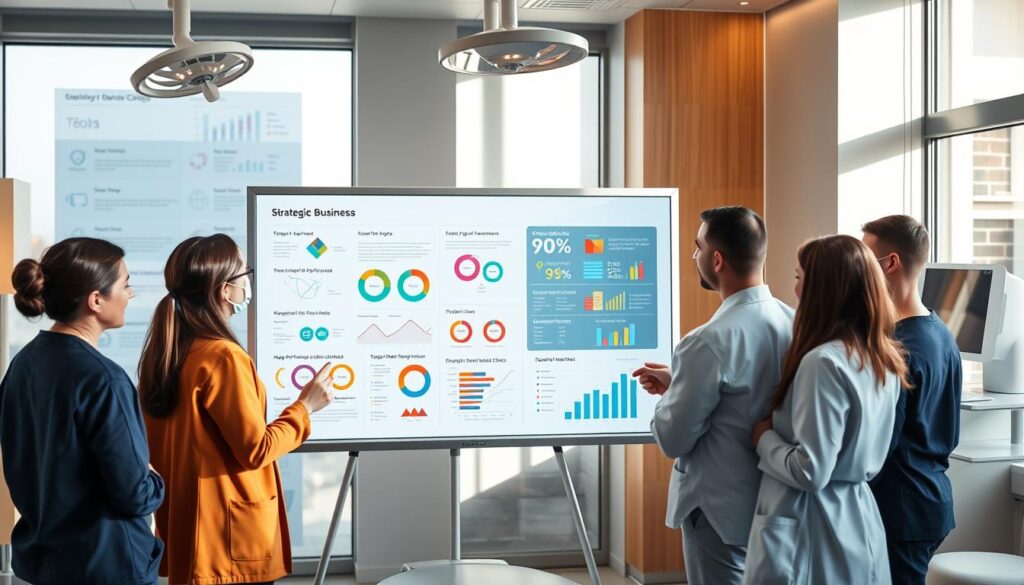 A modern, well-equipped dental clinic interior with sleek, minimalist design. A team of dental professionals gathered around a large, interactive whiteboard, collaborating on a strategic business plan. The lighting is bright and natural, casting a warm glow over the scene. The walls display colorful infographics and data visualizations outlining key performance indicators, patient flow, and financial projections. In the foreground, a dentist gestures towards the board, presenting findings to the group. The atmosphere is one of focused professionalism and strategic planning for the clinic's future.