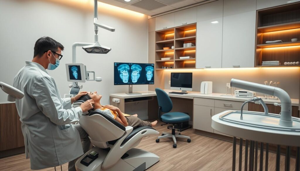 A modern, well-equipped dental clinic interior with state-of-the-art technology. In the foreground, a dentist examines a patient's teeth on a high-tech dental chair, using a digital x-ray scanner. In the middle ground, a dental assistant operates a computer workstation, accessing electronic patient records. In the background, sleek, minimalist cabinetry and shelves display advanced dental equipment and instruments. Warm, indirect lighting creates a calming, professional atmosphere. The scene conveys the integration of cutting-edge technology seamlessly into the efficient, patient-centric workflow of a thriving dental practice.