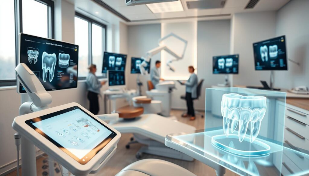 A modern, well-equipped dental clinic showcasing cutting-edge technology. In the foreground, a sleek, white dental chair with an advanced touchscreen interface. Next to it, a holographic display projecting 3D models of teeth and treatment plans. In the middle ground, a robotic arm performing precise dental procedures, guided by a team of dental professionals monitoring the process on high-resolution displays. The background features a clean, minimalist interior design with natural lighting filtering through large windows, creating a calming and futuristic atmosphere. The overall scene conveys a seamless integration of technology and patient-centric care, enhancing the dental experience.