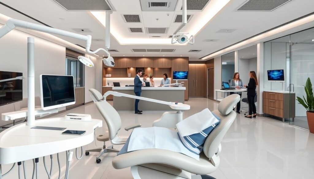 A modern, well-equipped dental clinic undergoing a transformation. In the foreground, a dental chair with advanced equipment and a dentist meticulously examining a patient's teeth. The middle ground features a reception area with a sleek, minimalist design, and a team of friendly, attentive staff assisting patients. In the background, a panoramic view of the clinic's interior showcases a harmonious blend of natural lighting, soothing colors, and state-of-the-art technology, creating a welcoming and professional atmosphere. The scene conveys the clinic's commitment to innovation, efficiency, and patient-centric care, reflecting the transformative potential of a management course in dentistry.