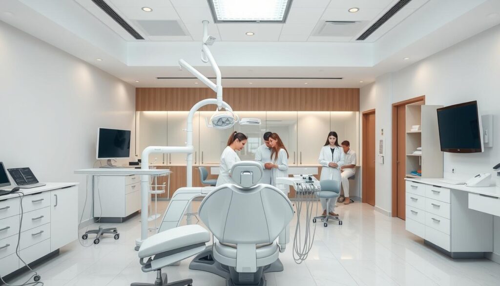 A modern, well-equipped dental clinic with a bright, airy atmosphere. The foreground features a sleek, state-of-the-art dental chair, surrounded by high-tech equipment and instruments. In the middle ground, a team of attentive dental professionals, dressed in pristine white uniforms, are engaged in various procedures, demonstrating the clinic's efficient, patient-centric approach. The background showcases a panoramic view of the clinic's minimalist, yet sophisticated interior design, with clean lines, natural lighting, and soothing pastel tones that create a calming, professional ambiance. The image conveys a sense of trust, expertise, and cutting-edge dental care, reflecting the clinic's commitment to providing exceptional clinical management and patient experience.