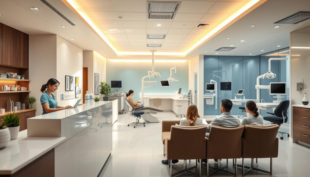 A modern, well-equipped dental clinic with a bright, welcoming interior. The foreground features a reception desk with a friendly staff member assisting a patient. In the middle ground, patients are seated comfortably in the waiting area, surrounded by sleek, contemporary furniture and decor. The background showcases state-of-the-art dental equipment and treatment rooms, conveying a sense of advanced medical technology and professionalism. The lighting is warm and natural, creating a calming atmosphere. The overall scene exudes an air of efficiency, high-quality care, and a patient-centric approach - reflecting the transformed results and success of the Clínica Ideal.