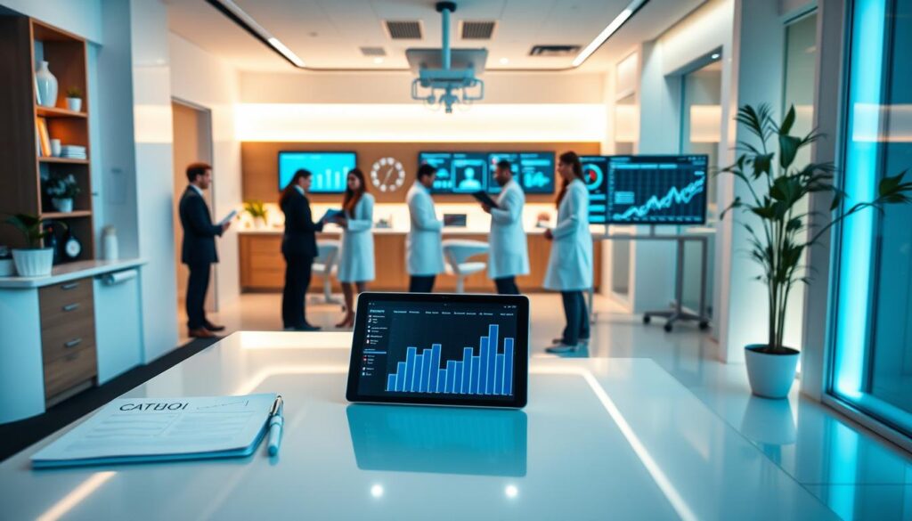 A modern, well-equipped dental clinic with a focus on data-driven decision making. The foreground features a sleek, minimalist reception desk with a laptop, graphs, and a to-do list. The middle ground showcases a team of doctors and staff reviewing patient files and digital dashboards displaying key performance metrics. In the background, the clinic's interior is bathed in warm, soft lighting, conveying a professional, yet inviting atmosphere. The overall scene reflects a harmonious blend of meticulous planning, real-time monitoring, and a commitment to delivering exceptional patient care.