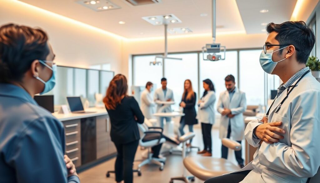 A modern, well-equipped dental clinic with a focus on effective management practices. In the foreground, a dentist consults with a patient, demonstrating the importance of personalized care. The middle ground features an organized reception area, efficient workflows, and satisfied patients. In the background, a team of dental professionals collaborates, showcasing the impact of strong leadership and strategic planning. The scene is bathed in warm, gentle lighting, creating a professional yet welcoming atmosphere that reflects the clinic's commitment to patient satisfaction and operational excellence.