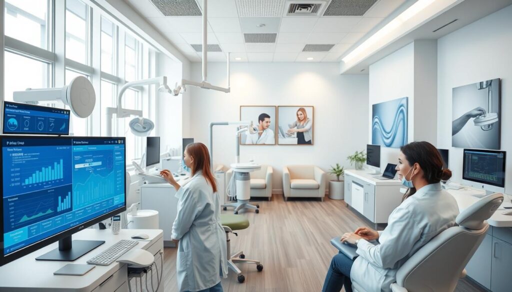 A modern, well-equipped dental clinic with a focus on optimized processes. The foreground features a team of dental professionals collaborating around a digital dashboard, monitoring key performance indicators and streamlining patient flow. The middle ground showcases an array of cutting-edge medical equipment, from x-ray machines to chairside computers. In the background, a soothing, minimalist waiting area with natural lighting and calming artwork conveys an atmosphere of efficiency and patient-centric care. The image should evoke a sense of a well-oiled, technologically-advanced dental practice dedicated to maximizing productivity and delivering exceptional service.