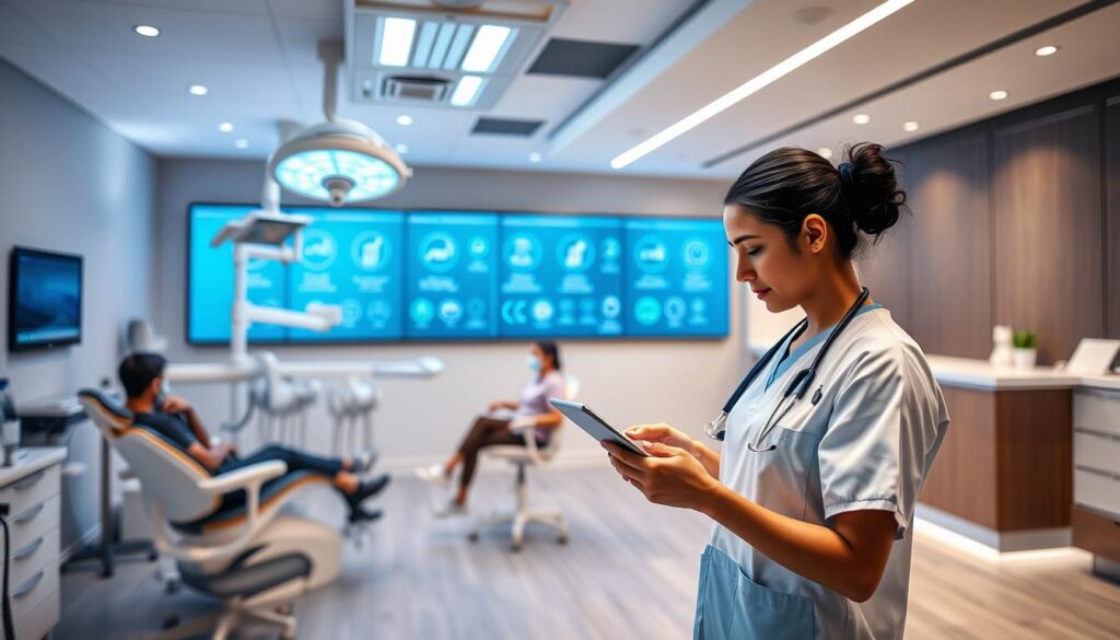 A modern, well-equipped dental clinic with a focus on security and compliance. In the foreground, a doctor in scrubs examines patient records on a tablet, ensuring proper documentation. In the middle ground, patients sit comfortably in ergonomic chairs, surrounded by state-of-the-art medical equipment and disinfecting UV lights. The background depicts a sleek, minimalist reception area with a digital display showcasing certifications and accreditations, conveying a sense of professionalism and trustworthiness. The lighting is soft and warm, creating a calming atmosphere. The overall scene evokes a secure, compliant, and patient-centric healthcare environment.