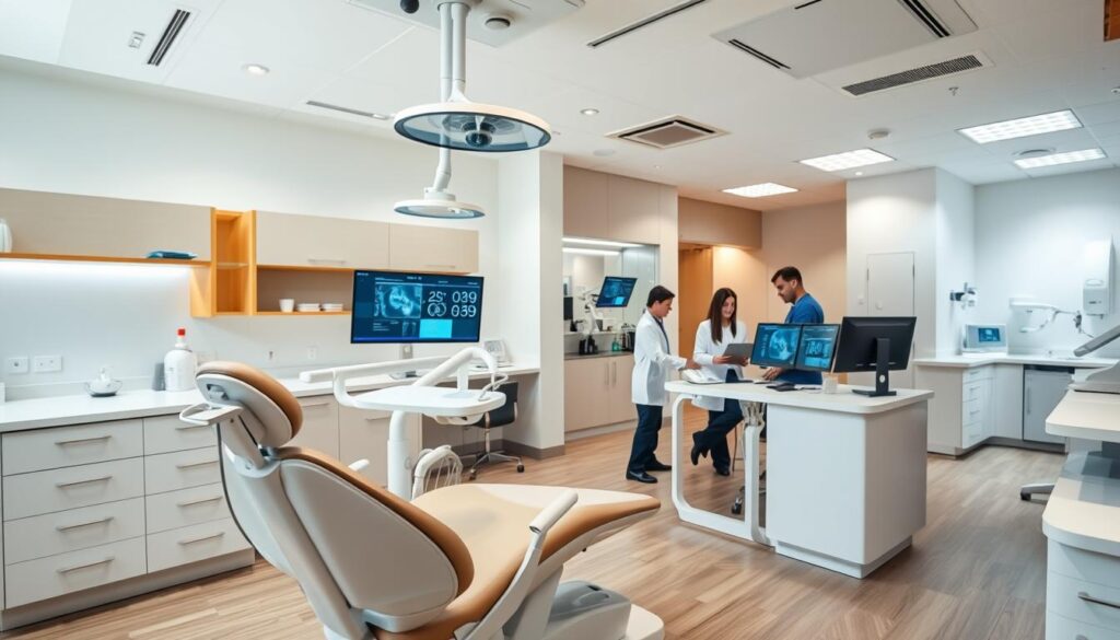 A modern, well-equipped dental clinic with a sleek, minimalist design. In the foreground, a dentist's chair with an ergonomic design and high-tech instruments. Behind it, a reception area with a clean, organized layout and a warm, inviting atmosphere. The middle ground features a team of dental professionals collaborating on patient records and treatment plans using advanced software and digital displays. In the background, a state-of-the-art sterilization and laboratory area, ensuring the highest standards of infection control and patient safety. The lighting is bright and natural, creating a sense of openness and professionalism. The overall scene conveys a comprehensive, efficient, and patient-centered approach to dental practice management.