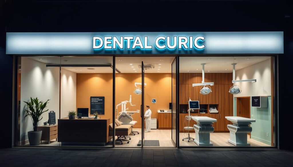 A modern, well-equipped dental clinic with a sleek, professional aesthetic. The clinic's facade features large windows, a prominent sign, and a clean, minimalist design. Inside, the reception area has a warm, inviting atmosphere with stylish furniture and subtle lighting. In the treatment rooms, state-of-the-art dental equipment is arranged neatly, creating an efficient, high-quality environment for patient care. The overall atmosphere conveys a sense of clinical excellence, attention to detail, and a commitment to patient wellbeing.