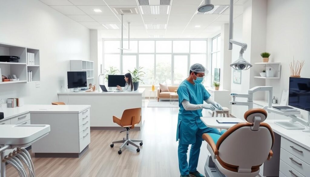 A modern, well-equipped dental clinic with a streamlined layout and efficient workflow. In the foreground, a dentist and dental assistant work together seamlessly, utilizing cutting-edge technology and ergonomic tools to optimize patient care. The middle ground showcases a neatly organized reception area, where a receptionist manages patient scheduling and records with the aid of a computer system. In the background, a bright, airy waiting room with comfortable seating and tasteful decor creates a welcoming atmosphere for patients. Soft, natural lighting filters in through large windows, complementing the clinic's clean, minimalist aesthetic. An atmosphere of professionalism, organization, and patient-centered care permeates the scene.