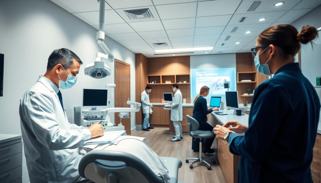 A modern, well-equipped dental clinic, with a team of professionals efficiently managing clinical workflows. In the foreground, a dentist carefully examining a patient, using advanced diagnostic equipment. In the middle ground, dental assistants coordinating seamless handoffs and preparing treatment rooms. The background features a neatly organized reception area, where patients check in using a streamlined digital system. Soft, directional lighting illuminates the scene, creating a calm, professional atmosphere. The overall impression conveys a well-oiled machine, where every process is designed to optimize patient care and clinic productivity.