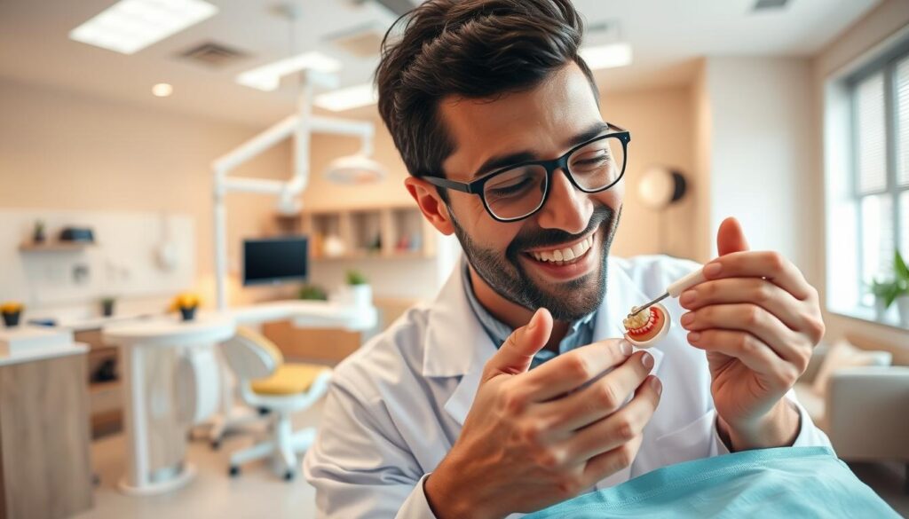 A modern, well-equipped dental clinic with a warm, inviting atmosphere. In the foreground, a friendly dentist in a white coat attentively examines a patient's teeth, conveying a sense of professionalism and quality care. The middle ground features a clean, organized workspace with advanced dental equipment, creating an impression of technological sophistication. The background showcases a soothing, minimalist waiting area with comfortable seating and calming decor, suggesting a relaxing and stress-free patient experience. The lighting is soft and natural, enhancing the overall sense of comfort and competence. The scene captures the essence of "Atendimento de qualidade como diferencial competitivo" in the field of dental care.