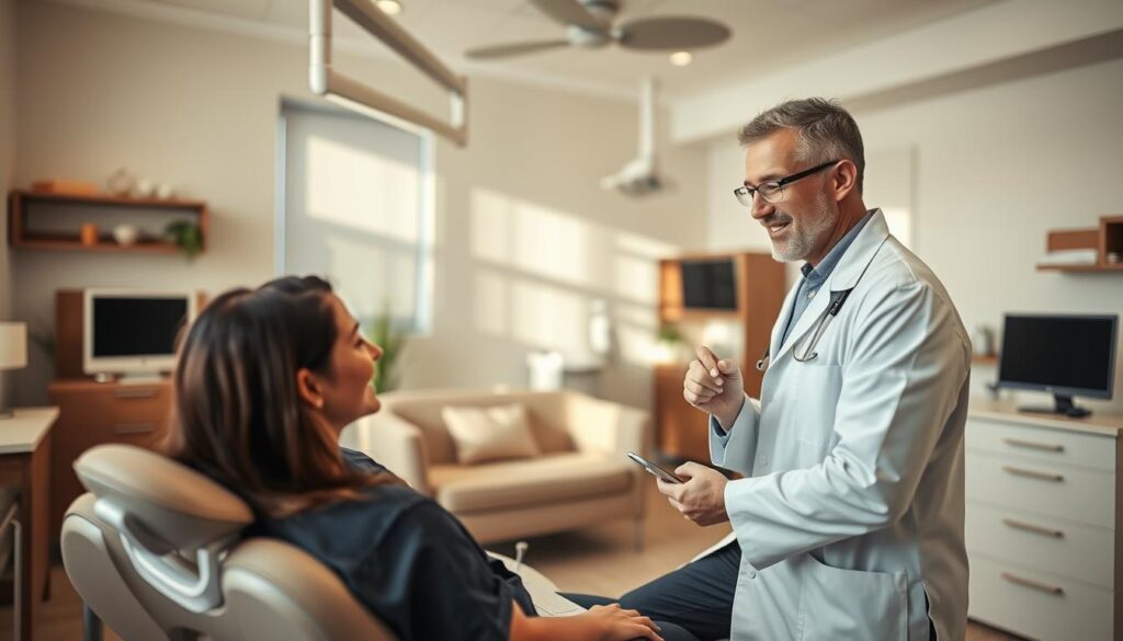 A modern, well-equipped dental clinic with a warm, inviting atmosphere. In the foreground, a dentist in a white coat attentively examines a patient, demonstrating a personalized, caring approach. The middle ground features a comfortable waiting area with plush seating and calming decor, conveying a sense of relaxation. The background showcases the clinic's state-of-the-art technology and equipment, suggesting a commitment to high-quality, personalized care. Soft, natural lighting and muted tones create a soothing, professional ambiance that puts the patient at ease.