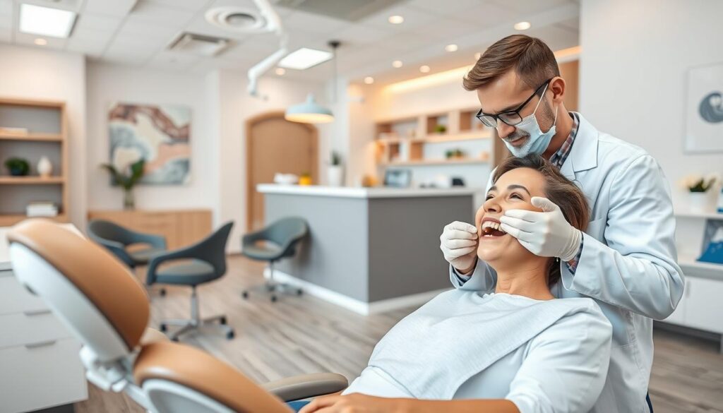 A modern, well-equipped dental clinic with a warm, inviting atmosphere. In the foreground, a patient in a comfortable dental chair, undergoing a routine check-up. The dentist, wearing a crisp white coat, examines the patient's teeth with a gentle, attentive expression. The middle ground features a reception desk, where a friendly staff member greets patients. In the background, the clinic's interior design is characterized by a harmonious blend of soothing colors, natural lighting, and ergonomic furniture, conveying a sense of professionalism and patient-centric care. The overall scene suggests a clinic that prioritizes gradual improvements, efficiency, and a positive patient experience.