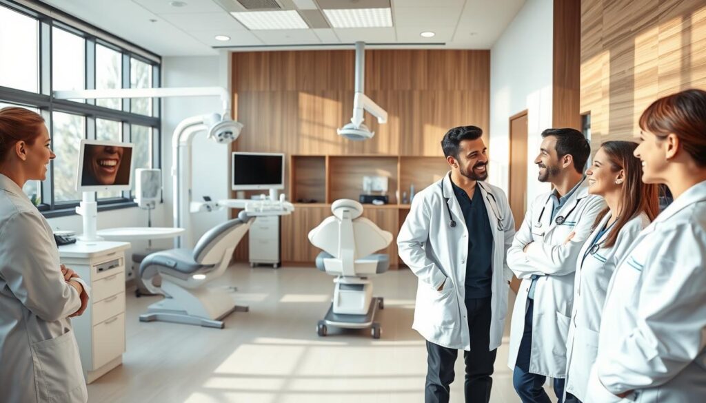 A modern, well-equipped dental clinic with a warm, inviting atmosphere. In the foreground, a group of medical professionals in white coats, engaged in friendly conversation, conveying a sense of professionalism and personalized care. In the middle ground, state-of-the-art dental equipment and technologies, including a panoramic X-ray machine and cutting-edge treatment chairs. The background features a clean, minimalist design with natural lighting streaming through large windows, creating a calming and relaxing environment. The overall scene exudes a sense of expertise, innovation, and a patient-centric approach, perfectly capturing the "Clínica Ideal" experience.