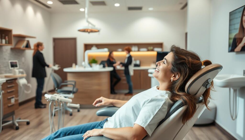 A modern, well-equipped dental clinic with a warm, inviting atmosphere. In the foreground, a patient relaxes comfortably in a state-of-the-art chair, their dental needs attended to by a professional, compassionate dentist. The middle ground showcases a reception area with a friendly, knowledgeable staff, catering to the patient's every need. The background features sleek, cutting-edge dental equipment and technology, creating a sense of trust and confidence. Soft, natural lighting and neutral colors evoke a calming, spa-like ambiance, reflecting the clinic's commitment to patient-centric care and an exceptional dental experience.