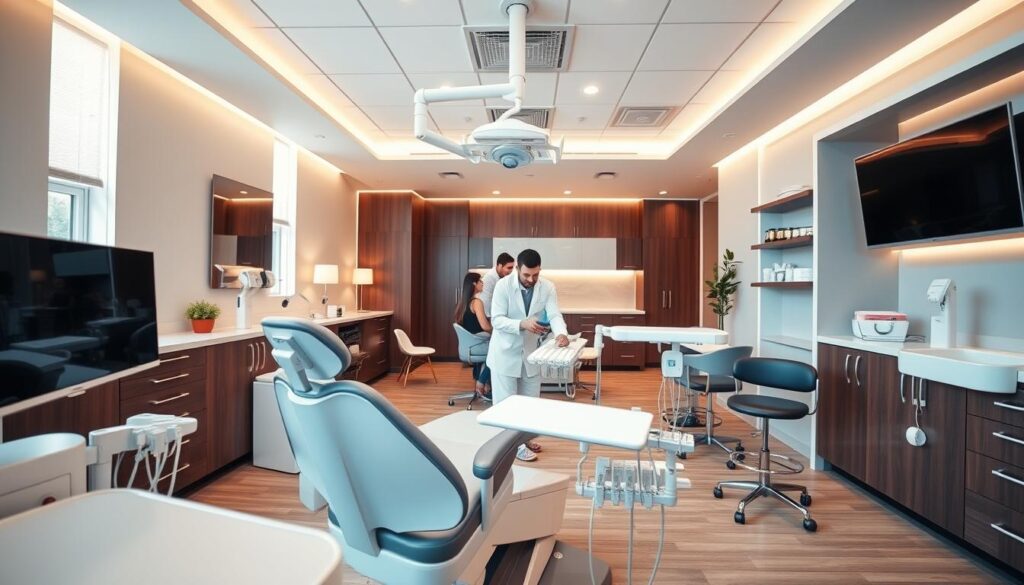 A modern, well-equipped dental clinic with a warm, inviting atmosphere. In the foreground, a dental chair and equipment convey the high-quality care patients receive. In the middle ground, dental professionals engage with patients, showcasing the clinic's personalized attention. The background features sleek, contemporary furnishings and decor, creating a sense of professionalism and cutting-edge technology. Soft, natural lighting illuminates the space, evoking a sense of calm and comfort. The overall scene conveys the benefits of a comprehensive dental marketing strategy: a state-of-the-art facility, dedicated staff, and a commitment to patient satisfaction.