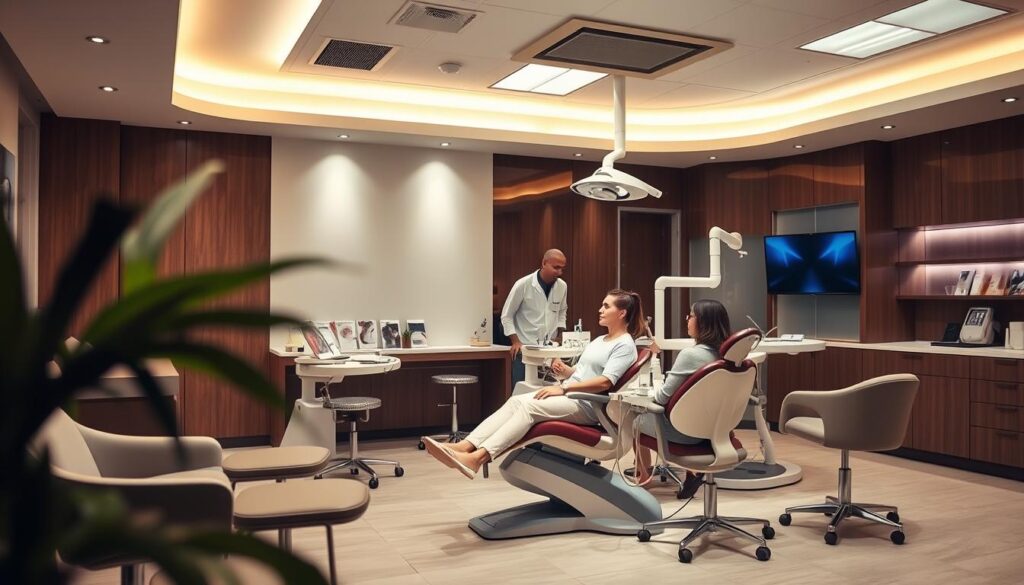 A modern, well-equipped dental clinic with a warm, inviting atmosphere. In the foreground, a patient sits comfortably in a high-quality dental chair, surrounded by state-of-the-art equipment and attentive staff. The lighting is soft and calming, creating a relaxing ambiance. In the middle ground, the clinic's reception area features ergonomic furniture and displays informative brochures, reflecting a focus on patient comfort and education. The background showcases the clinic's clean, professional design with sleek, minimalist decor, conveying a sense of trust and competence. Overall, the scene captures the essence of an exceptional patient experience in a cutting-edge dental practice.
