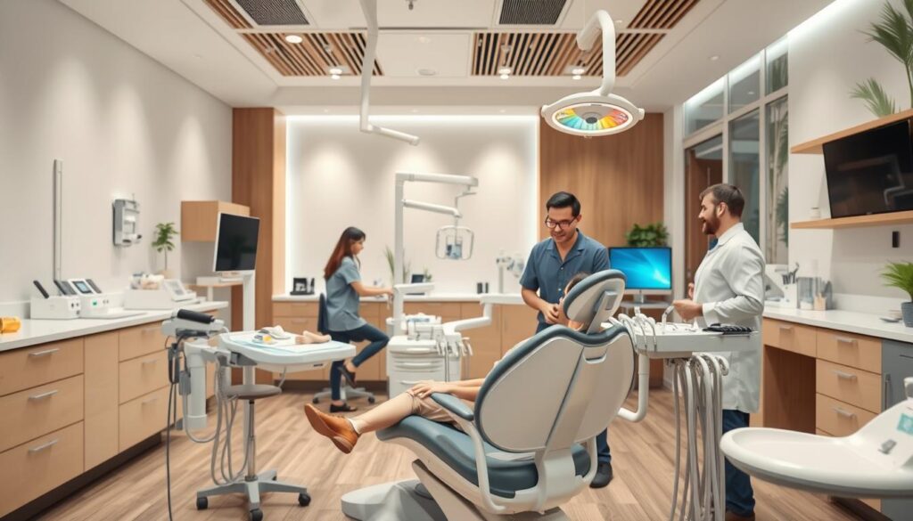 A modern, well-equipped dental clinic with a warm, inviting atmosphere. In the foreground, a patient sits comfortably in a state-of-the-art dental chair, surrounded by attentive, caring staff. The middle ground features a clean, organized workspace with advanced medical equipment and tools, while the background showcases a calming, natural-inspired design with soothing lighting. The overall scene conveys a sense of professionalism, efficiency, and patient-centered care, reflecting the clinic's dedication to providing an exceptional healthcare experience.