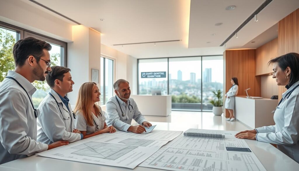 A modern, well-equipped dental clinic with a warm, inviting atmosphere. In the foreground, a group of healthcare professionals gathered around a table, engaged in a strategic planning session. Detailed architectural drawings, financial data, and patient records visible on the table, illuminated by soft, natural lighting from large windows. In the middle ground, the clinic's reception area with a sleek, minimalist design and a receptionist greeting patients. In the background, the clinic's exterior with a prominent signage, lush landscaping, and a view of a bustling city skyline. The overall scene conveys a sense of professionalism, efficiency, and patient-centric focus.