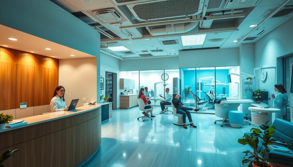 A modern, well-equipped dental clinic with a warm, inviting atmosphere. In the foreground, a warm-lit reception area with a friendly receptionist greeting patients. In the middle ground, a group of patients conversing and relaxing in comfortable seating. In the background, a view of the clinic's state-of-the-art treatment rooms, filled with advanced dental equipment. A sense of trust, care, and attention to detail permeates the scene, conveying the clinic's commitment to patient loyalty and satisfaction. Soft, natural lighting bathes the entire space, creating a calming, professional ambiance.