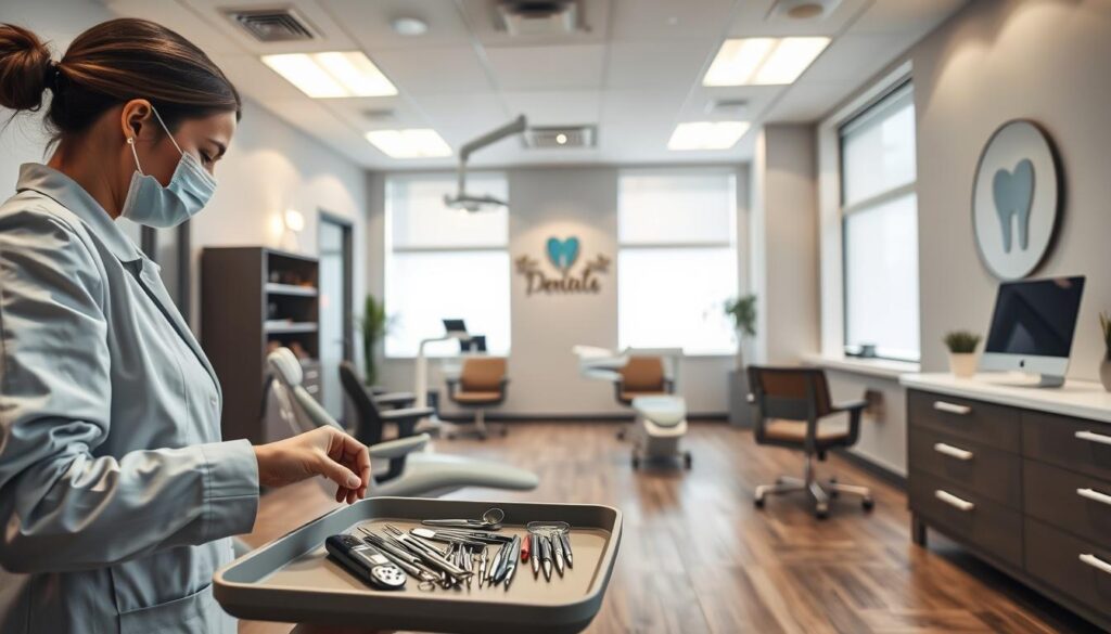 A modern, well-equipped dental clinic with a warm, inviting atmosphere. In the foreground, a dentist's assistant arranges dental tools on a tray, preparing for a patient's visit. The middle ground features a comfortable waiting area with ergonomic chairs and a refreshment station. In the background, the clinic's logo and branding elements are subtly displayed, highlighting the clinic's professionalism and attention to detail. Soft, diffused lighting creates a calming ambiance, while large windows allow natural light to flood the space. The overall scene conveys a sense of trust, care, and a commitment to providing high-quality dental services.