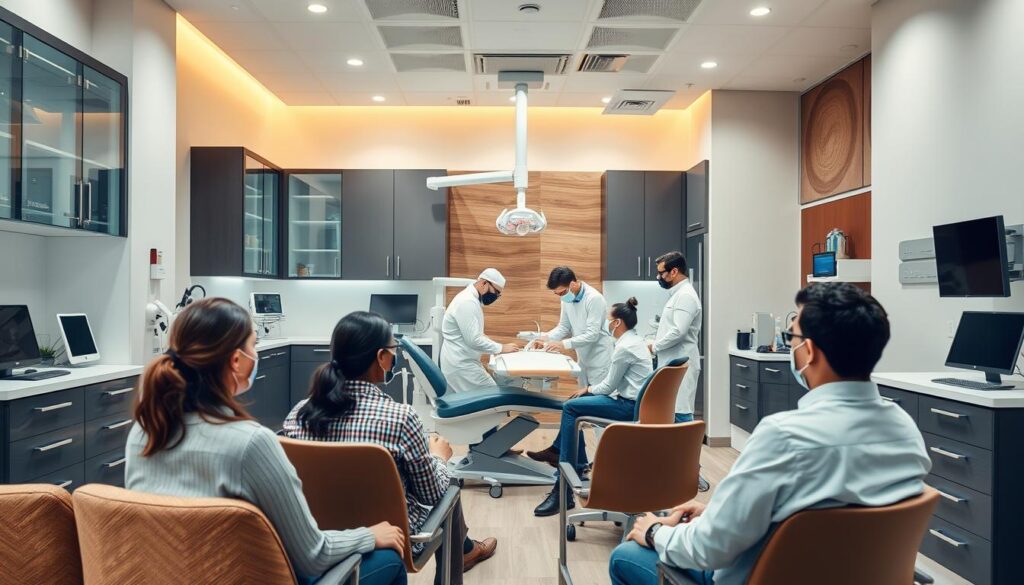 A modern, well-equipped dental clinic with a warm, professional atmosphere. Patients sit comfortably in the foreground, while in the middle ground, a team of dentists and assistants work diligently to provide high-quality care. The background features a mix of advanced medical equipment, sleek cabinetry, and soothing earth-toned decor, creating a sense of technological sophistication and patient-centric design. Bright, directional lighting illuminates the scene, highlighting the clinic's attention to detail and commitment to excellence. The overall mood is one of efficiency, innovation, and a patient-first approach to dental management.