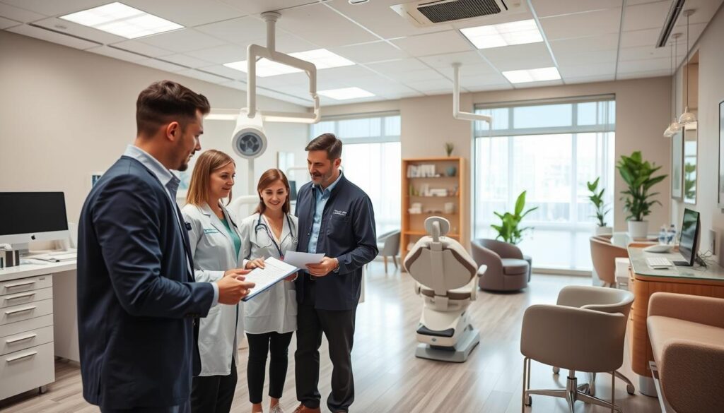 A modern, well-equipped dental clinic with a welcoming, professional atmosphere. In the foreground, a team of dental professionals discussing strategies for improving clinic management - reviewing patient records, analyzing data, and brainstorming ideas. The middle ground showcases state-of-the-art equipment and technology, such as digital X-ray machines, dental chairs, and sterilization units. The background depicts a serene, spa-like waiting area with comfortable seating, calming decor, and ample natural lighting. The overall mood is one of efficiency, innovation, and patient-centered care.