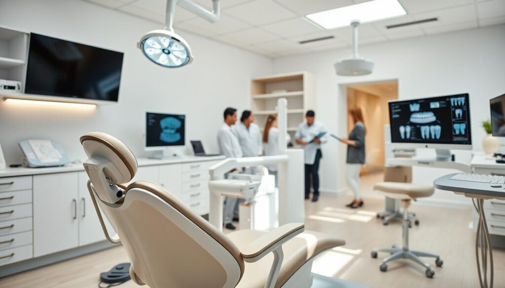 A modern, well-equipped dental clinic with advanced technology. In the foreground, a dentist's chair with sleek, ergonomic design and state-of-the-art dental equipment. In the middle ground, a team of dental professionals reviewing patient records on digital displays. In the background, a clean, minimalist office space with efficient workflow and a calming atmosphere. Bright, natural lighting illuminates the scene, creating a sense of professionalism and innovation. The image conveys the integration of cutting-edge technology seamlessly woven into the dental practice, enhancing patient care and practice management.